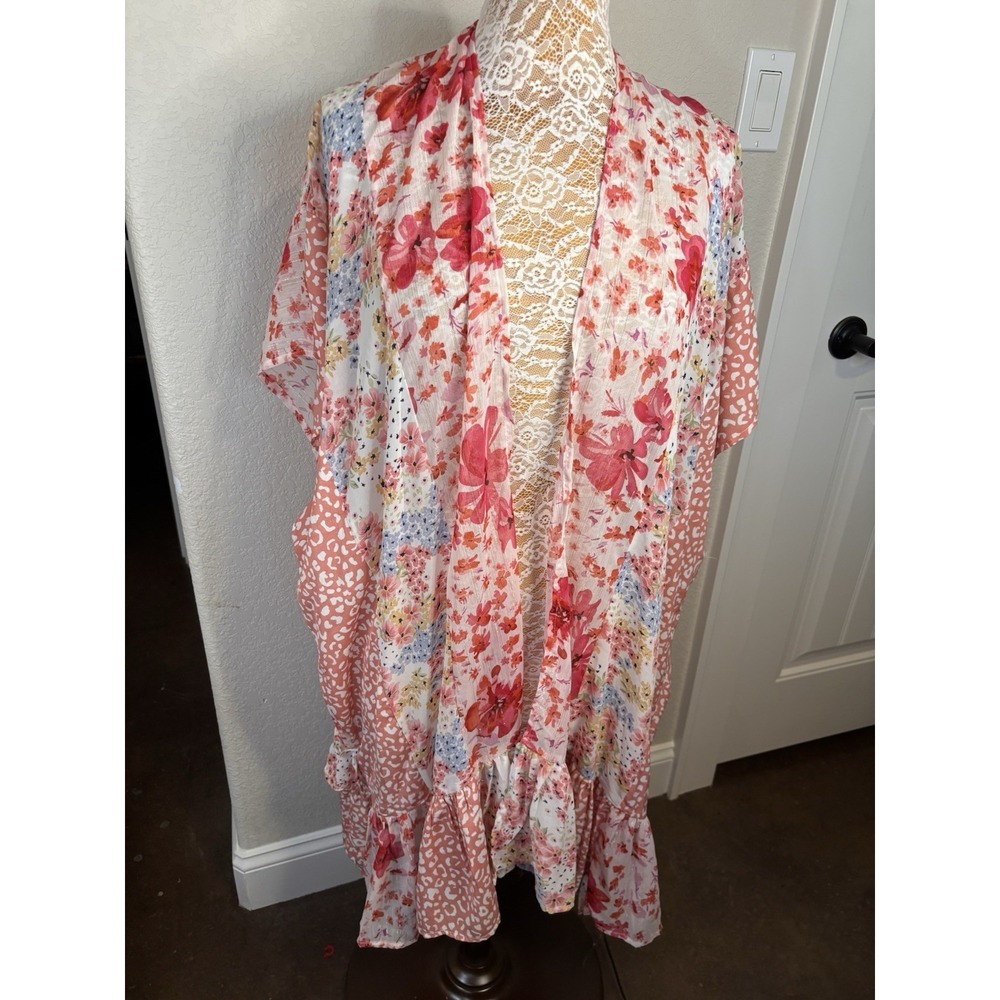 Umgee Boho Patchwork Kimono Cardigan Floral Animal Print Ruffle Hem Open Fr. M/L